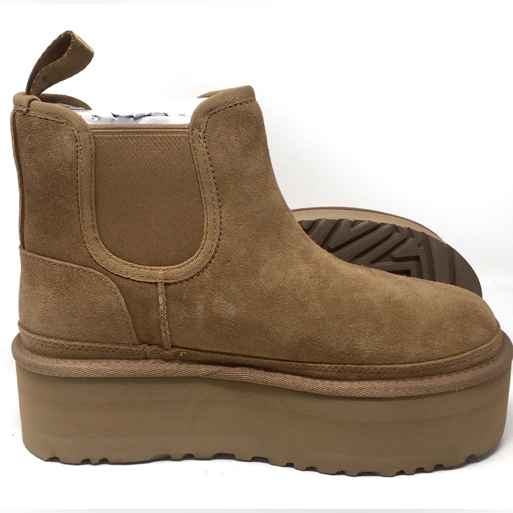 🔴SOLD Ugg Neumel Platform Chelsea Boots Chestnut Suede Shearling Sheepskin - Picture 11 of 15